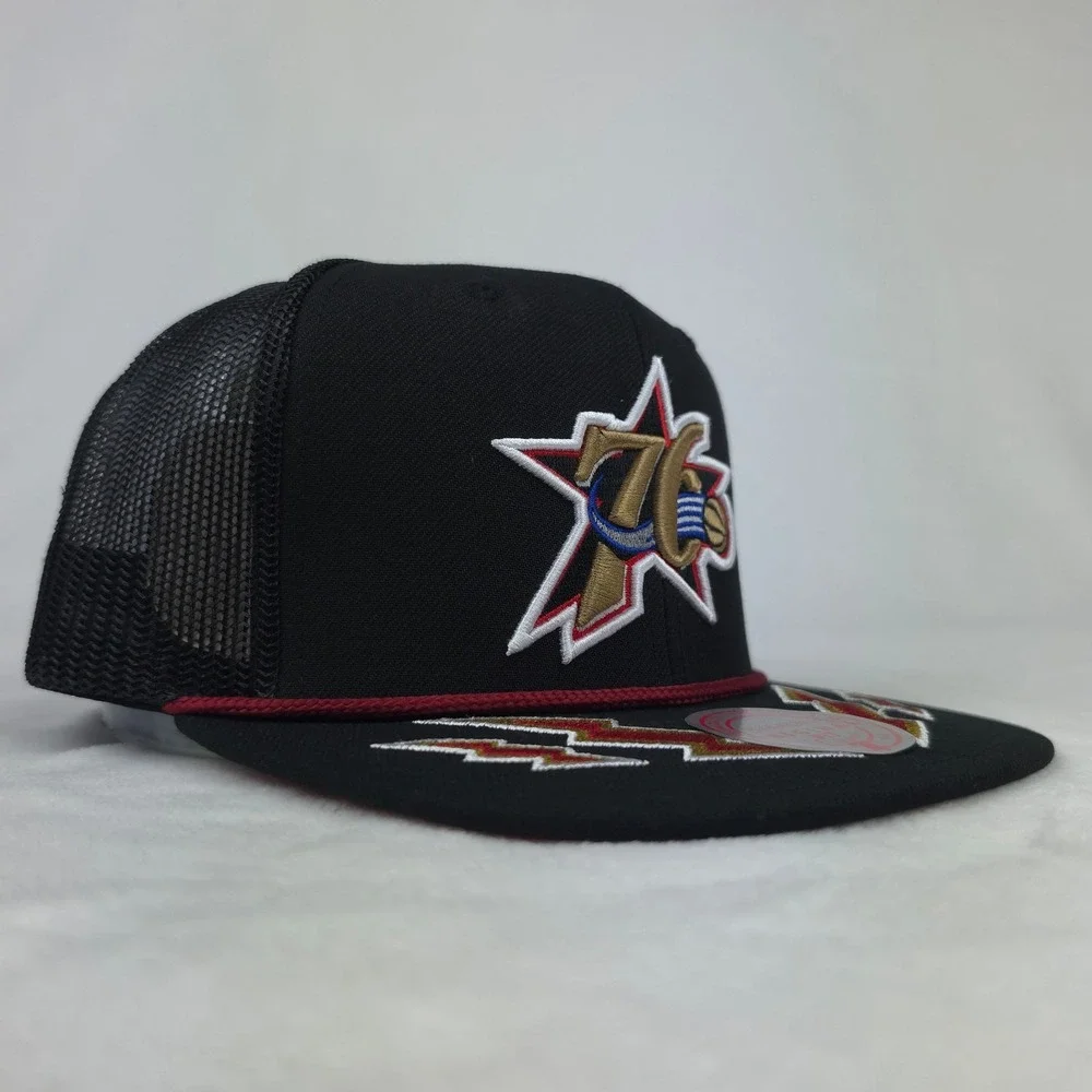 Phila 76ers Mitchell & Ness NBA Trucker Hat Cap 3D Logo Lightning Bill Roped NWT